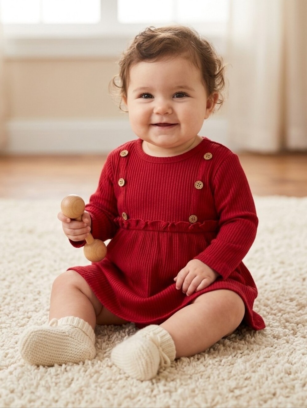 NWT Baby Girl Red Ribbed Knit Long Sleeve Dress Button Detail Sz 6-9M Holiday